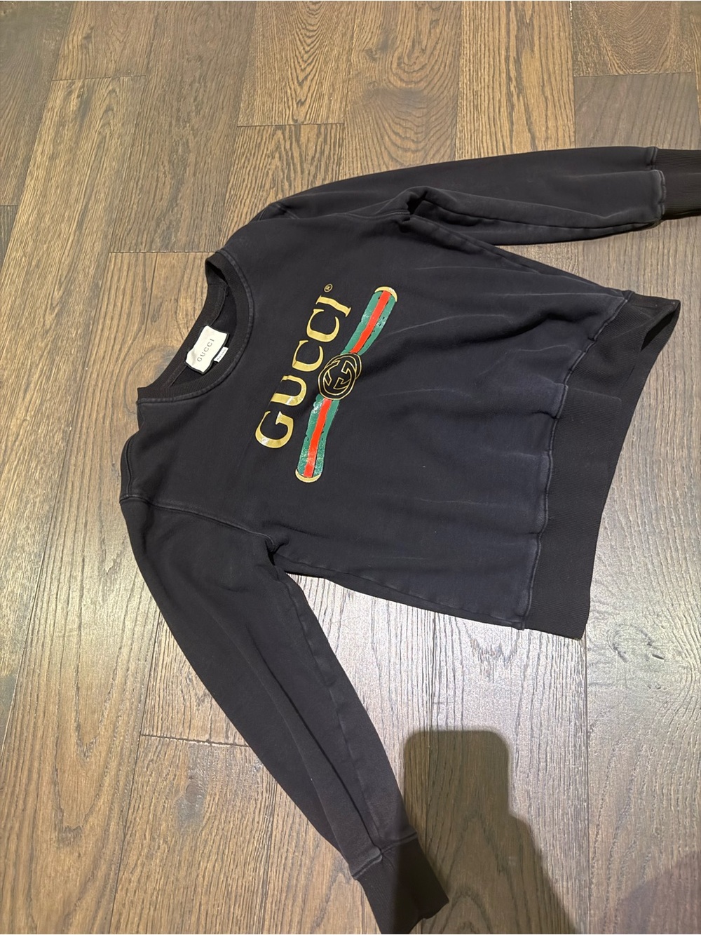 Women Gucci Black Crewneck with Gold Logo and Green-Red Stripe